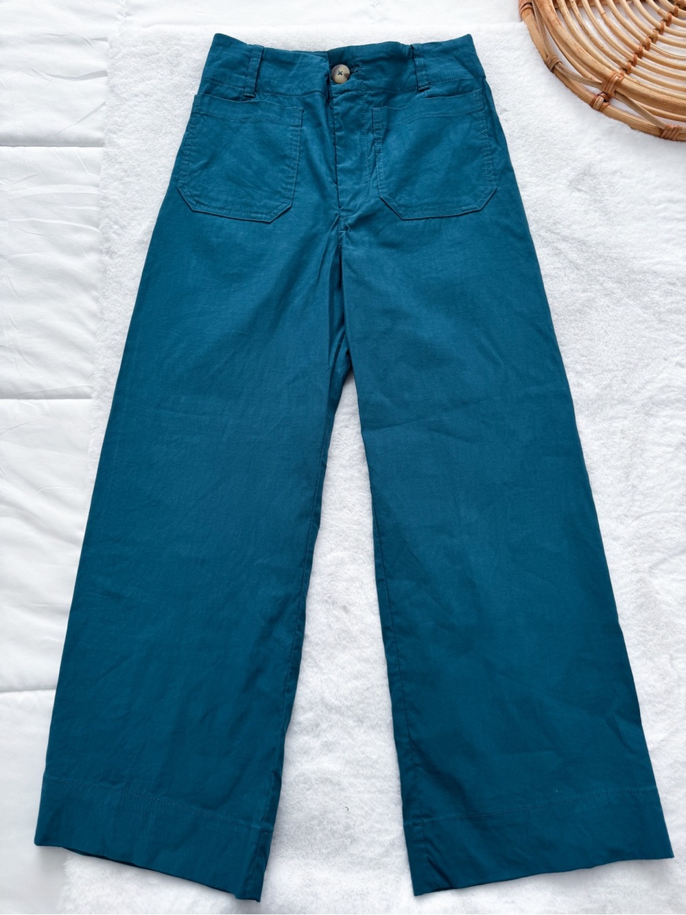 Anthropologie Maeve Colette Wide Leg Pants Trousers Dark Turquoise Cotton Linen - Picture 7 of 14